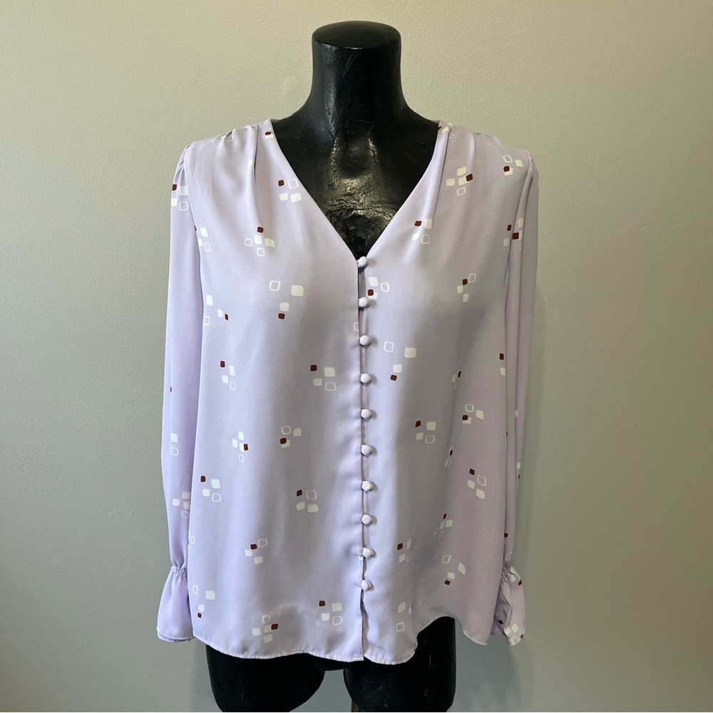 Alfani Lavender V-Neck Covered-Button Geometric Print Blouse